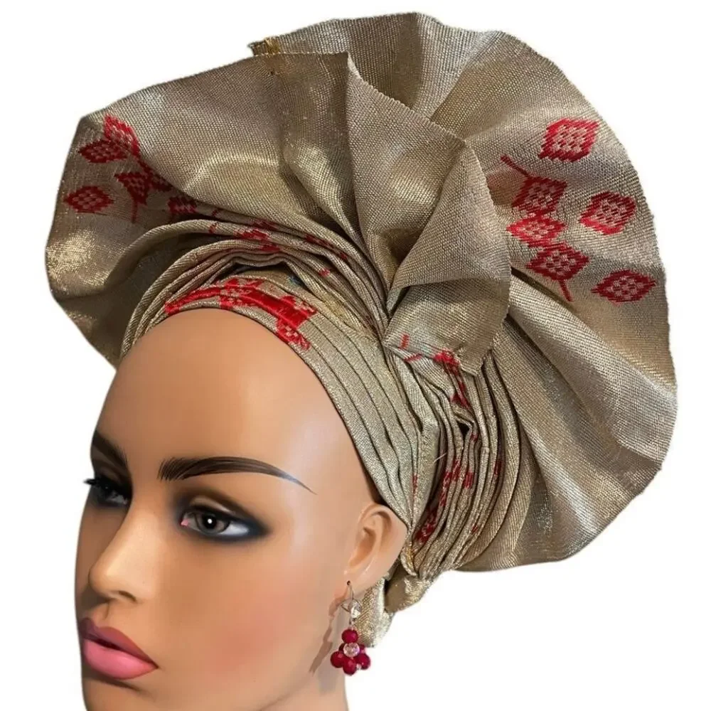 Elegant African AutoGele, NWT Shoulder & Men-Cap pc. Champagne & Red Diamond Ptn